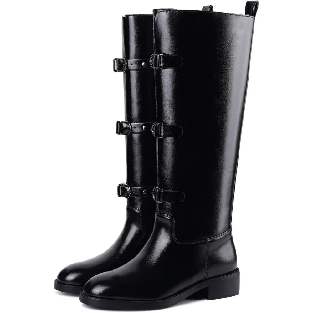 Women's C-black Chunky Low Heel Pull On Riding Comfortable Knee High Boots